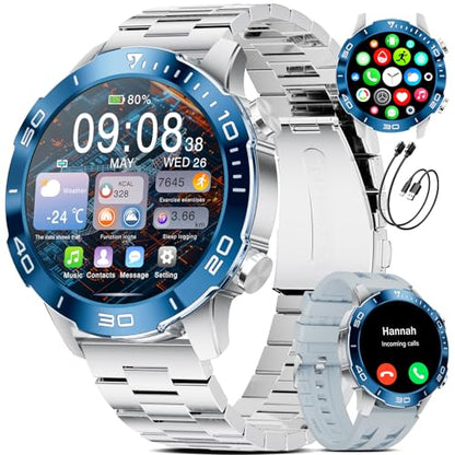 TX7 Luxury Smart Watch for Men, 1.43" AMOLED Display Fitness Tracker, 100+ Sports Mode/Sleep Monitor/IP68 Waterproof Mens Smartwatches, Military Smart Watch for Android iOS, Sliver Blue