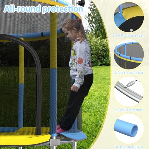60” Trampoline for Kids,500lbs Capacity Indoor&Outdoor Toddler Trampoline - color: Yellow&Blue