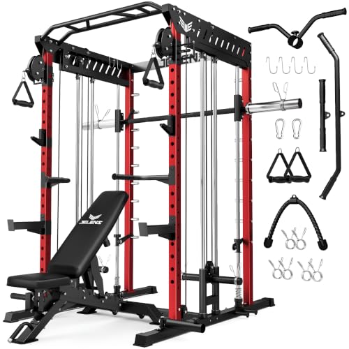 JELENS M21 Smith Machine, Multi-Function Power Cage with Dual Pulley Cable Crossover System, 2000LBS All-in-One Squat Rack with Smith Bar and Attachments - color: Red, size: Upgraded Weight Bench Package