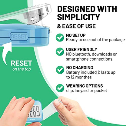 NESKLA 3D Pedometer, Simple Step Counter with Large LCD Display for Walking - color: Blue