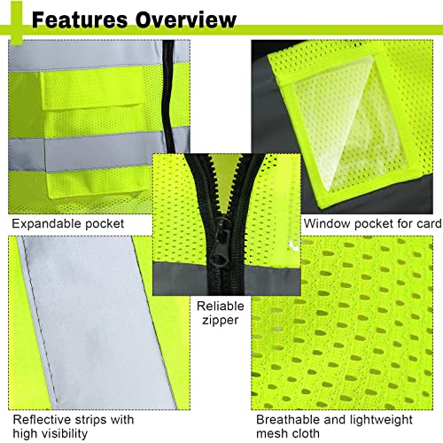 Newcotte 40 Pack Safety Vests Bulk Yellow Reflective High Visibility Vest with Mesh Pocket Zipper, Hi Vis Silver Strip for Men, Neon