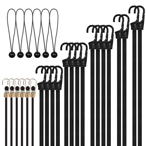 Bungee Cords with Hooks, Heavy Duty Outdoor Bungee Straps, 28Pack Extra Strong Rubber Elastic Rope for Luggage, Camping, Tarps, Bike Rack, Tent, Moving Cargo - Black - color: Black