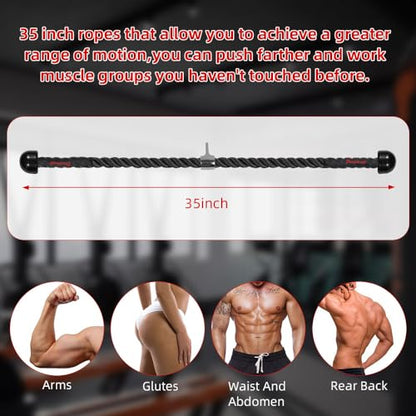 Tricep Rope with Upgraded Rubber Handles,35 Inch Tricep Pull Down Rope for Cable Machine, Greater Range of Motion, Triceps Rope Cable Attachment for Gym, Home, Easy to Grip, Non-Slip