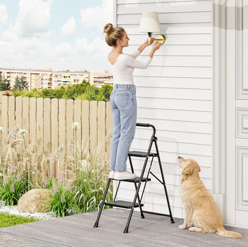 KINGRACK 3 Step Ladder Folding Step Stool with Handrail for Kitchen Black - size: 3-step