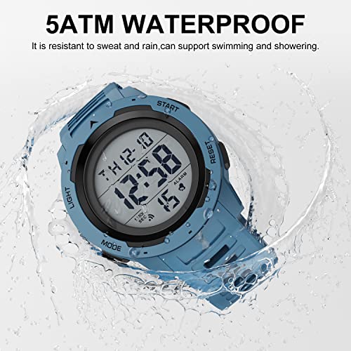 GOLDEN HOUR Mens Waterproof Digital Sport Watches Wide Screen Easy Read Display Military Style with Rubber Strap - color: blue