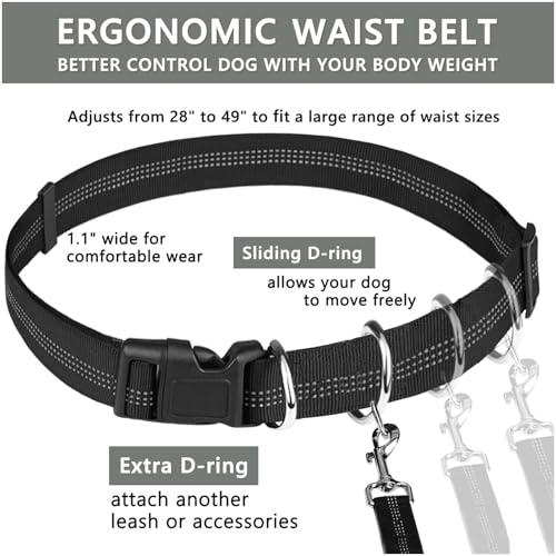 LANNEY Hands Free Dog Leash, Waist Running Leash with Zipper, Walking Pouch for Medium Large Dogs, Dual Handle and Retractable Bungee for Training Jogging Hiking(25-120 lbs, Grey) - color: Black/Grey