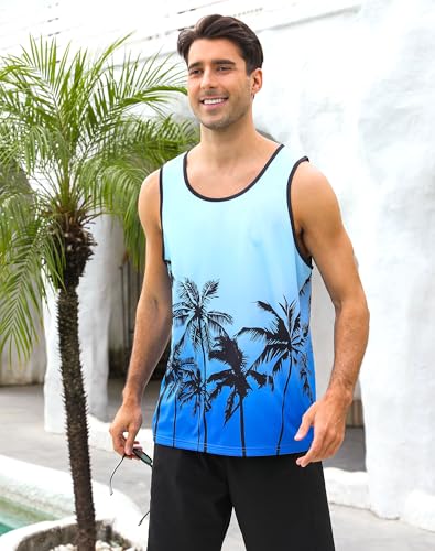 uideazone Mens Beach Tank Tops Summer Graphic Sleeveless Workout Shirt - color: Palm Tree Blue, size: XX-Large
