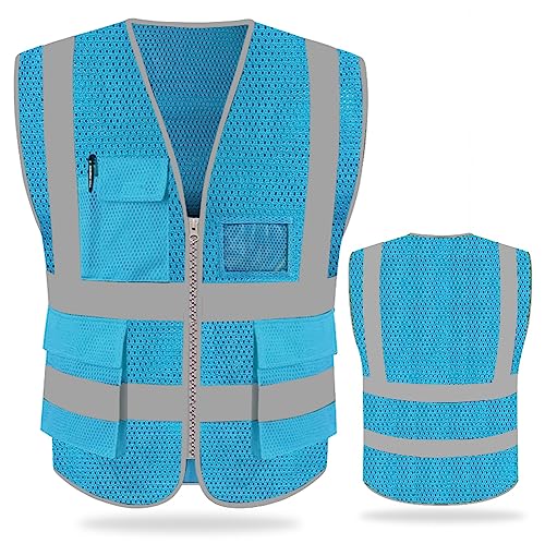 FEimaX High Visibility Safety Vest Mesh Work Vests with Reflective Strips - color: Azure, size: Large