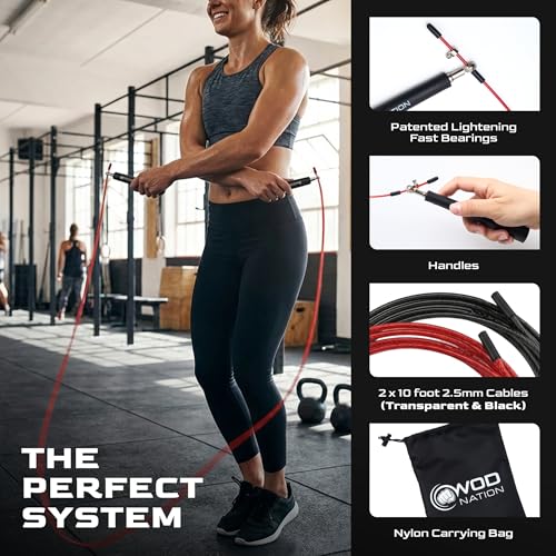 WOD Nation Adjustable Speed Jump Rope For Men, Women & Children - Blazing Fast Fitness Skipping Rope Perfect for Boxing, MMA, Endurance - color: Silver & Black