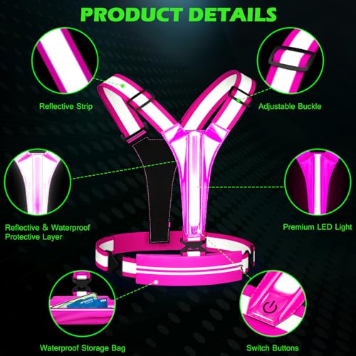 LED Reflective Vest Running Gear, USB Rechargeable Light Up Running Vest Chest Phone Holder for Runners Night Walking - color: Pink