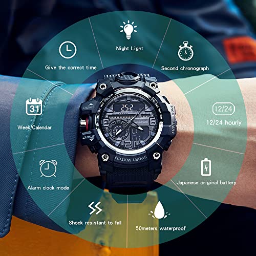 AIMES Men's Watches Sports Outdoor Waterproof Military Watch LED Date Alarm Stopwatch Multi-Function Tactics Big Face Wristwatch for Men - color: 3133-Black