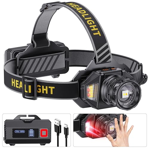 LED Headlamp Rechargeable, 99000 Super Bright White/Red/Warm Light Head Lamp with Motion Sensor & 95H Runtime & IPX7 Waterproof,90° Adjustable Headlight for Outdoor, Hard Hat
