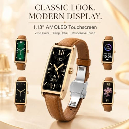 Elegant Smart Watch for Women AMOLED Fitness Tracker with Leather Band - color: Champagne Gold Maple