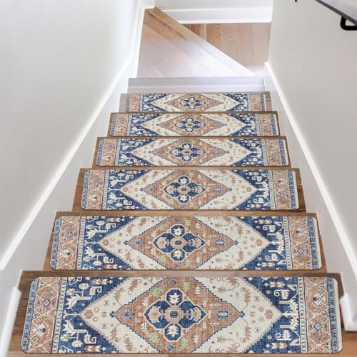 OJIA Non-Slip Stair Treads for Wooden Steps Indoor 15PC 30"X8" Stair Runner - color: Blue/Tan, size: 8" x 30"