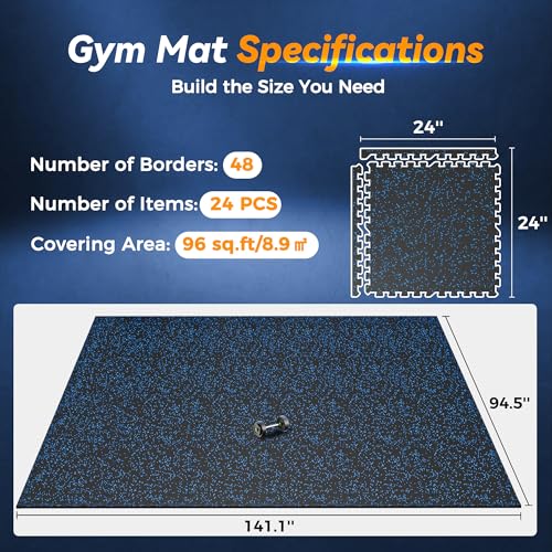 SUPERJARE 1" Extra-Thick Rubber Top Exercise Mat, Gym Flooring for Home Gym - size: 24 Tiles (96 Sq Ft)