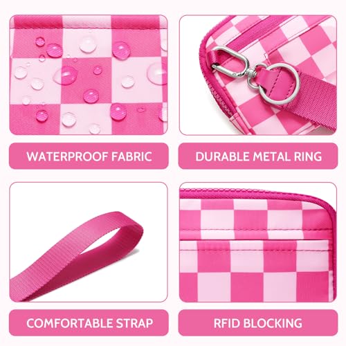 FODOKO Wristlet wallets for Women RFID crossbody bags with 4 Zippers - color: Rose Red