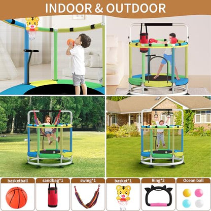 Trampoline for Kids, Adjustable Baby Toddler Trampoline with Basketball Hoop, Round Bottom Indoor Outdoor Toddler with Enclosure - color: light blue green