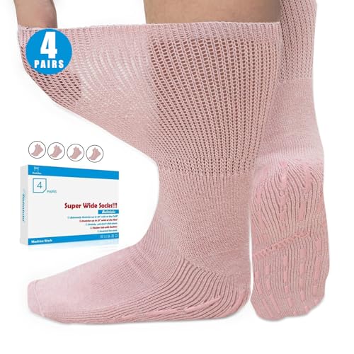 Bulinlulu Extra Width Diabetic Socks Men Women-4 Pairs Wide Edema Sock for Swollen Feet,Non Slip Cast Bariatric Socks 13-15 - color: Pink