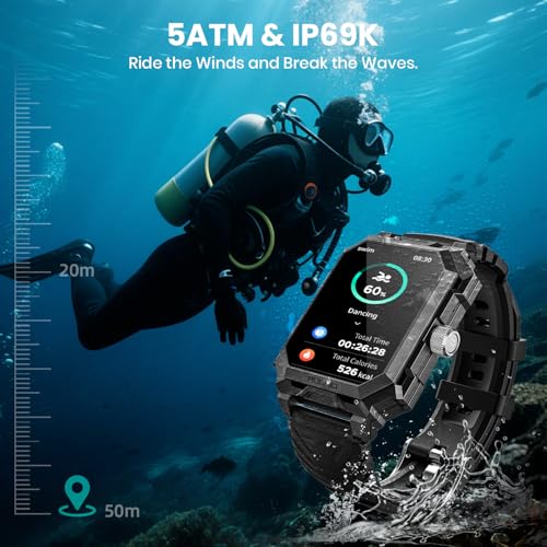 Smart Watch for Men (Answer/Make Call) 1.96" Military Smartwatch 680mAh Battery IP69 Waterproof Smart Watches Fitness Activity Tracker With Blood Pressure Heart Rate Sleep Monitor for Android Phones