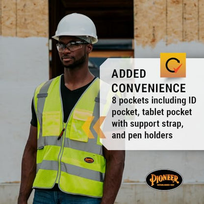Pioneer Hi Vis Safety Vest for Men & Women - Reflective Cooling Mesh - 8 Pockets - Class 2 - Construction, Traffic, Security - color: Green, size: 3X-Large