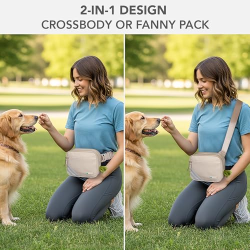 PetAmi Dog Walking Bag, 3-in-1 Crossbody Fanny Pack Treat Pouch, Beige - color: Cream Beige
