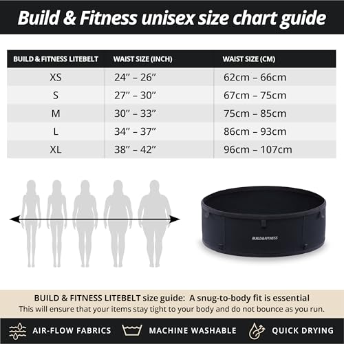 Build & Fitness LiteBelt Running Belt – 4 Quick Top-Access Pockets –Flip Waist Pack, Running Phone Holder – Fits All Size Phones, Keys, Cards, Earpods, GUs – for Men and Women (Black, M) - size: Medium