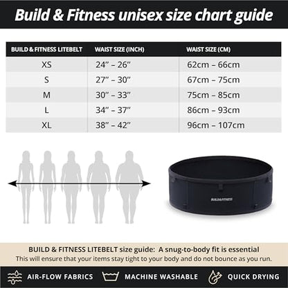 Build & Fitness LiteBelt Running Belt – 4 Quick Top-Access Pockets –Flip Waist Pack, Running Phone Holder – Fits All Size Phones, Keys, Cards, Earpods, GUs – for Men and Women (Black, M) - size: Medium