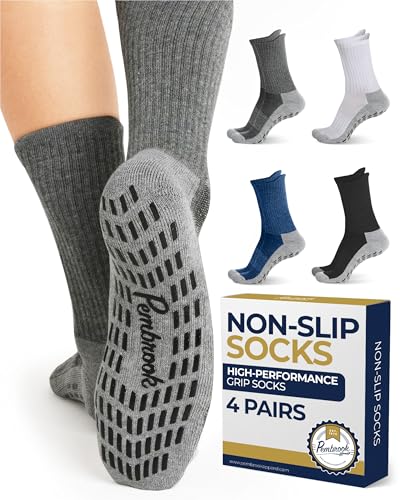Pembrook Non Slip Crew Grip Socks Men & Women - 4 Pairs | Non Slip Socks for Elderly, Hospital, Pilates, Yoga, Barre, Home - color: Black, White, Gray, Navy - 4 Pairs, size: Large