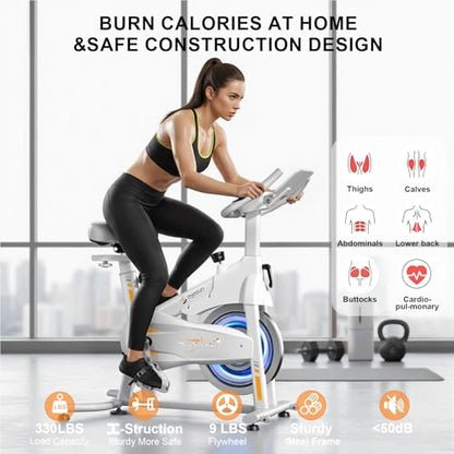 Exercise Bikes for Home,Spin Bike with Adjustable Magnetic,Brake Pad Resistance Silent Belt Drive,350lbs/300lbs Weight Capacity &Upgraded Version Seat for Home Cardio&Weight Loss(QM-530W) - color: White