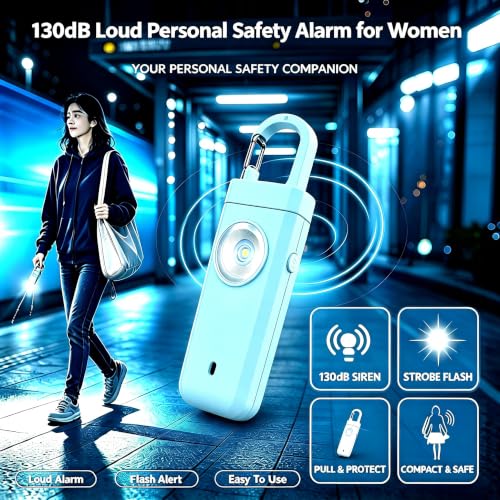 Personal Alarm Keychain 130dB Loud Siren, USB-C Safety Alarm with LED Flashlight & Strobe Light, Emergency Panic Button for Women, Elderly, Seniors, Night Running, Outdoor Travel (Blue) - color: Blue