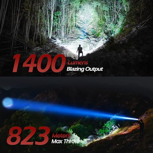 FORTO Rechargeable Spotlight 1400 Lumens – Zoomable Handheld LED Flashlight, 8H Battery, 2700ft Beam, Adjustable Focus & Stand for Camping Hunting Emergency – Great Gift - color: Red