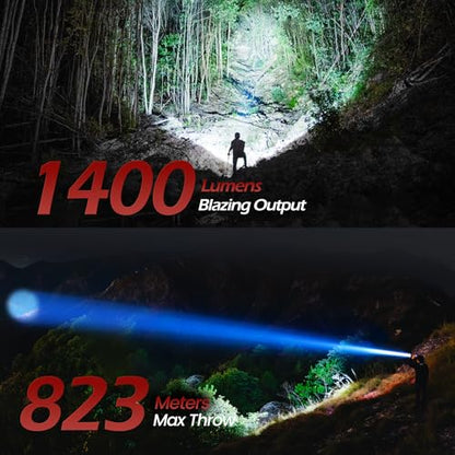 FORTO Rechargeable Spotlight 1400 Lumens – Zoomable Handheld LED Flashlight, 8H Battery, 2700ft Beam, Adjustable Focus & Stand for Camping Hunting Emergency – Great Gift - color: Red