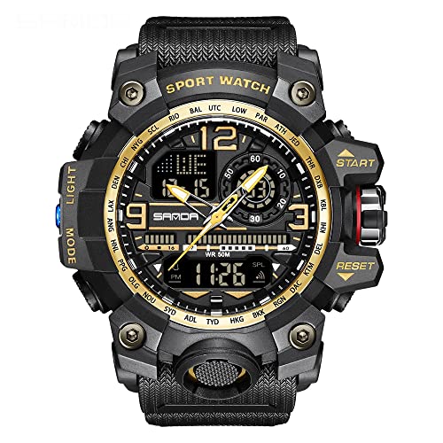 AIMES Men's Watches Sports Outdoor Waterproof Military Watch LED Date Alarm Stopwatch Multi-Function Tactics Big Face Wristwatch for Men - color: 3133-Black gold