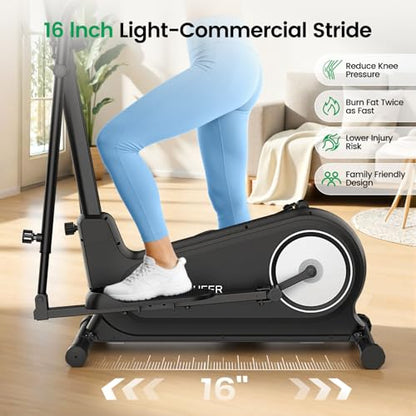 ANCHEER Elliptical Exercise Machine for Home, Foldable Magnetic Elliptical Trainer with 16" Stride, 16 Resistance Levels, Adjustable Pedals, LCD Monitor & Pulse Sensor, 550 LBS Weight Capacity - color: Black-Sliver