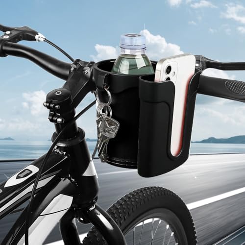Bike Cup Holder & Phone Mount, 3-in-1 Waterproof Handlebar Drink Holder with Phone Mount ＆Cell Phon e Keys for E-Bike, Scooter, Stroller, Wheelchair (Black) - color: black