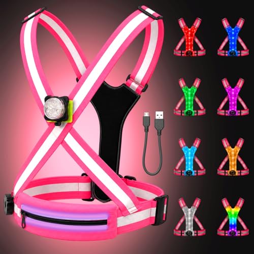 500LM Running Lights for Runners,7+8 Front & Back Light Modes & 360° Reflective Running Vest with Light Up Zip Waist Bag,IPX4 Waterproof High Visibility Rechargeable Gear for Night Walking/Cycling - color: pink