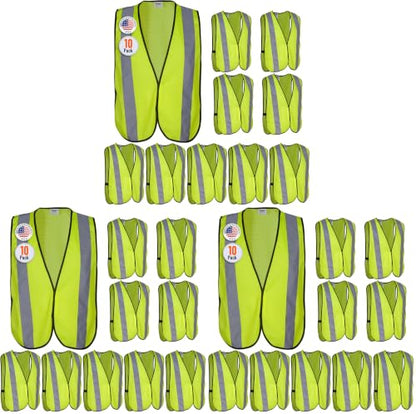Safety Vest with High Visibility - 2 Inch Reflective Strips, Bright Neon Yellow, Breathable Polyester Mesh Fabric, ANSI ISEA Class Unrated, Hi Viz All Day and Night (30 Pack - Small-Large) - size: Small-Large (Pack of 3)