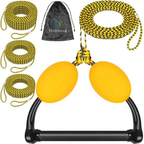 Dolibest 75FT Floating Water Ski Rope with Comfortable Handle, 4-Section Adjustable Wakeboard Tow Rope for Wakeboarding,Waterskiing,Kneeboarding & Tubing, 1600LB Strength & Reinforced End - color: Yellow+ Black & Float Ball