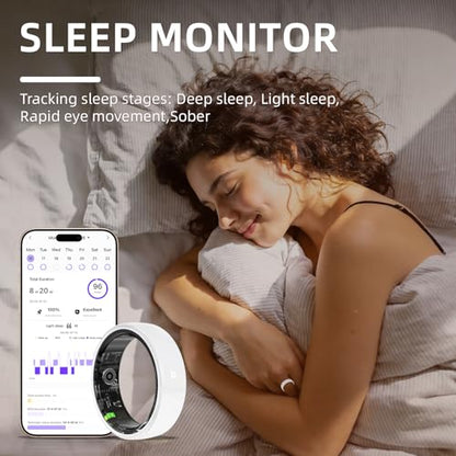 Smart Ring, Ceramics Fitness Tracker & Health Monitoring Ring with Heart Rate/SpO2/HRV/Sleep Tracking, Multi-Sport Activity Tracker, 5ATM Waterproof, iOS Android Compatible (White, 7) - size: 7