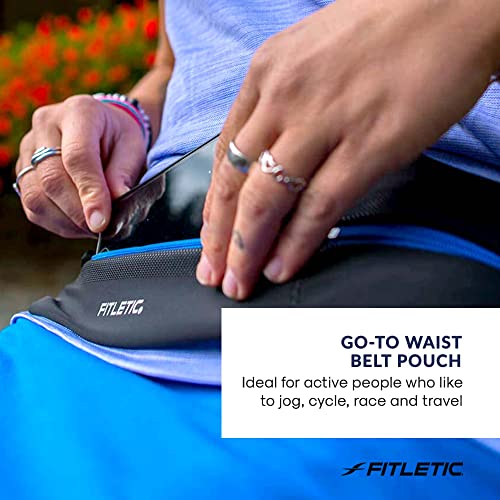 Fitletic Bolt Double Pocket Running Belt & Active Fanny Pack For Men & Women – Water Resistant, Lightweight Sleek Design – Patented No Bounce Hip Hugging Fit – Holds Any Phone - color: Black & Blue