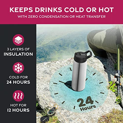FineDine Insulated Water Bottle with Straw, 25 Oz, Brushed Stainless Steel - color: Brushed Stainless Steel, size: 25 Ounces