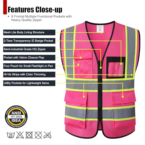 Reflective Safety Vest for Men Women Hi Vis Vest with 8 Pockets High Visibility Mesh Reflective Vest Meets ANSI/ISEA Standards (Pink-07,Medium) - color: Pink, size: Medium