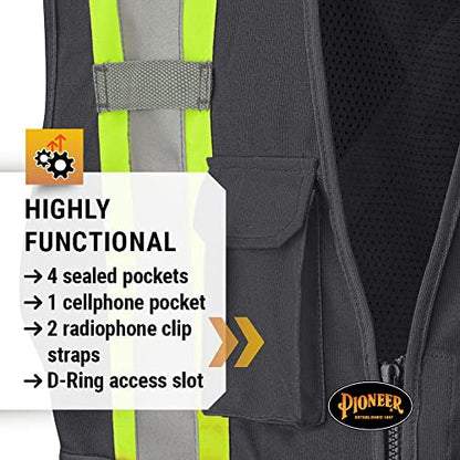 Pioneer Hi Vis Tear-Away Mesh Back Safety Vest for Men - Reflective Tape, 4 Pockets - Construction, Traffic, Security - Black - color: Black, size: 4X-Large