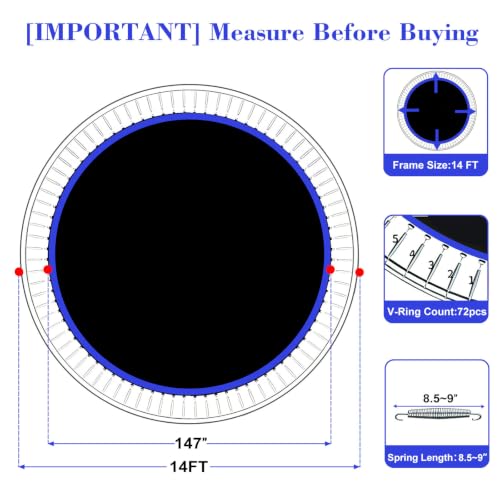 Replacement Trampoline Mat, Heavy-Duty, UV-Resistant & Durable Bounce Pad for Round Trampolines - Perfect for Safe & Fun Jumping - size: 14FT|147"Dia|72 V-Rings|Fits 8.5-9" Springs Length