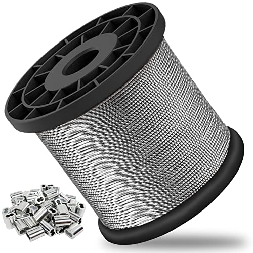 1/16 Wire Rope, 304 Stainless Steel Cable, Aircraft Cable, Steel Wire, 328FT with 150Pcs Crimping Sleeves, Clothes Line Wires, Trellis Wire, 7x7 368lbs Breaking Strength - size: 328 ft
