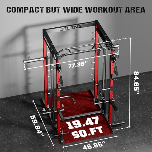 JELENS M21 Smith Machine, Multi-Function Power Cage with Dual Pulley Cable Crossover System, 2000LBS All-in-One Squat Rack with Smith Bar and Attachments - color: Red, size: M21 Smith Machine