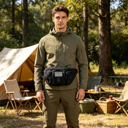Tactical Fanny Pack for Men Women, Large Waist Packs with 5 Zipper Pockets, Adjustable Strap Hip Belt Bag for Outdoor Hiking Fishing Running Traveling, Crossbody Bumbag with Patch - Black - color: Black