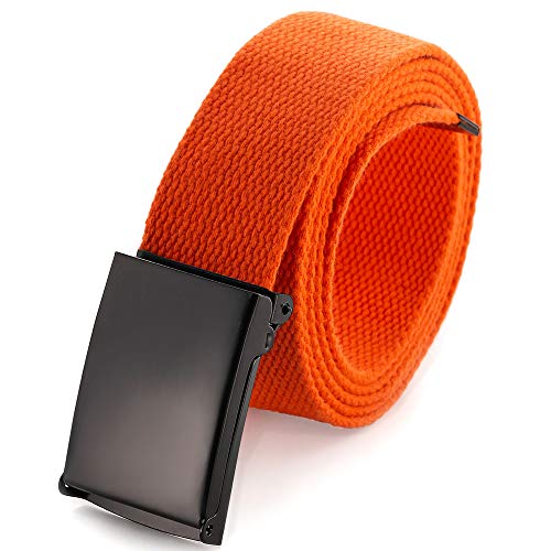 Mile High Life Cut To Fit Canvas Web Belt Size Up to 52" with Flip-Top Solid Black Military Buckle - color: 1 Pack Orange