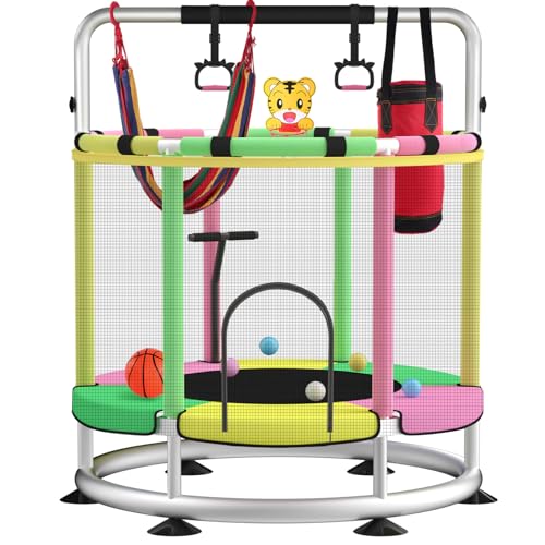 Trampoline for Kids, Adjustable Baby Toddler Trampoline with Basketball Hoop, Round Bottom Indoor Outdoor Toddler with Enclosure - color: B-light green pink