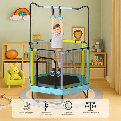 Lamerge Kids Trampoline, Indoor Trampoline Approved by ASTM, Safety Enclosure Net and Adjustable Handrail, 1-8 Children, 500lbs Capacity, 7-in-1, 60" - color: Blue-Dinosaurs, size: Hexagon